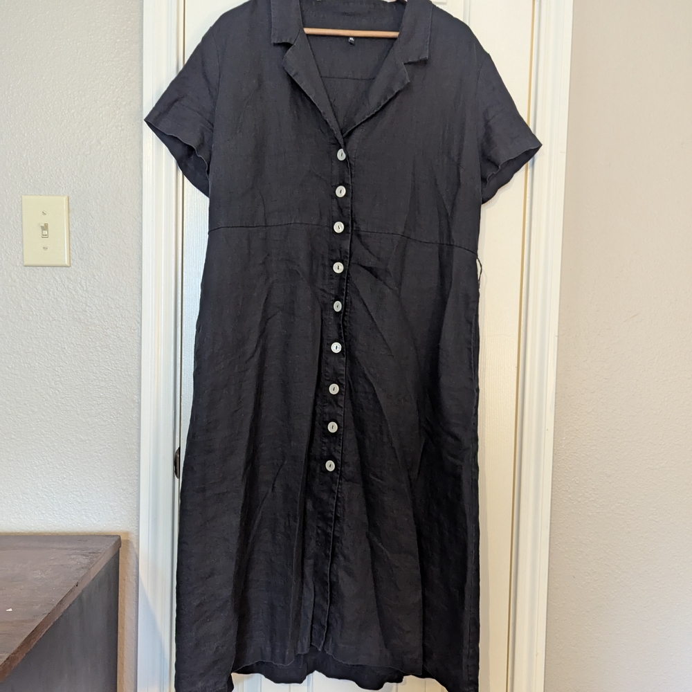 Quince Black Linen Midi Dress